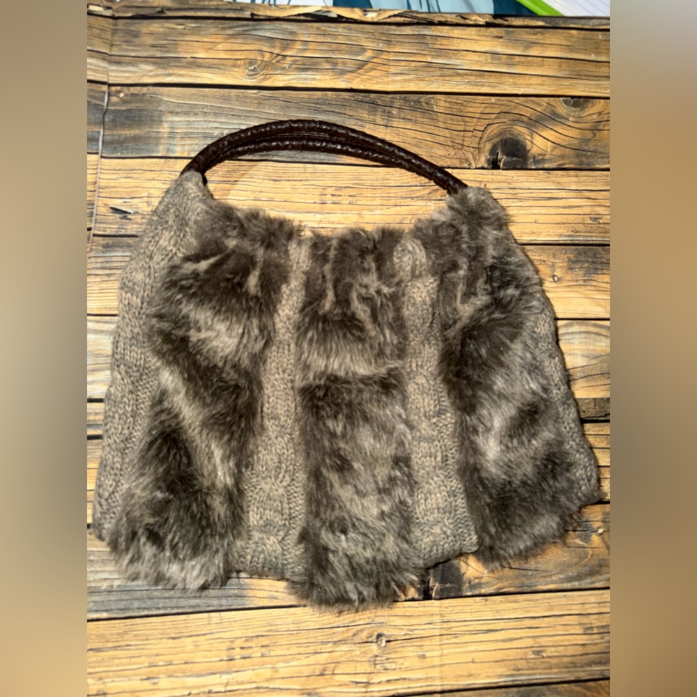 Faux Fur Cable Knit Hobo Bag Brown Grey Mixed Media Shoulder Bag